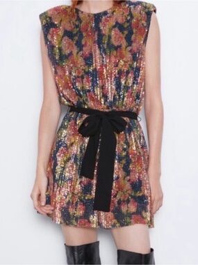 Zara Sequined Floral Mini Dress with Black Waist Tie Party Cocktail Small